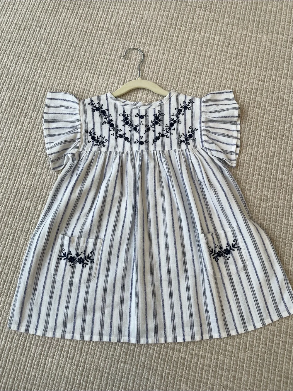 Girls White Dress with Navy Stripes and Floral Embroidery